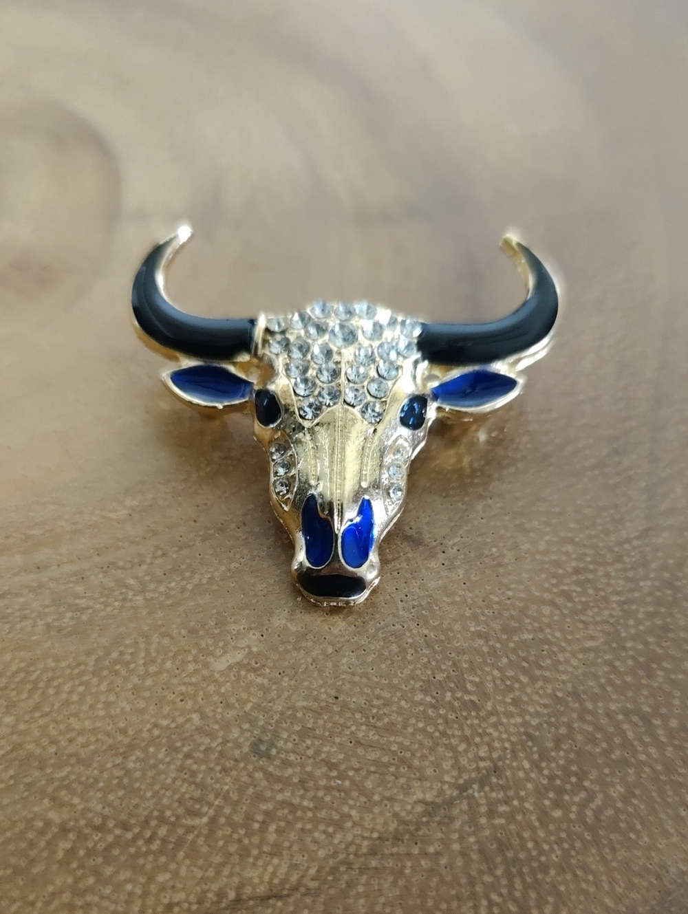 Gold Bull Head Accent Pin with Blue and Black Enamel